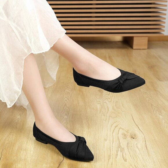 Women's Pointed Toe Knit Black Flats Comfortable Lightweight Dressy Casual Shoes - Picture 7 of 9